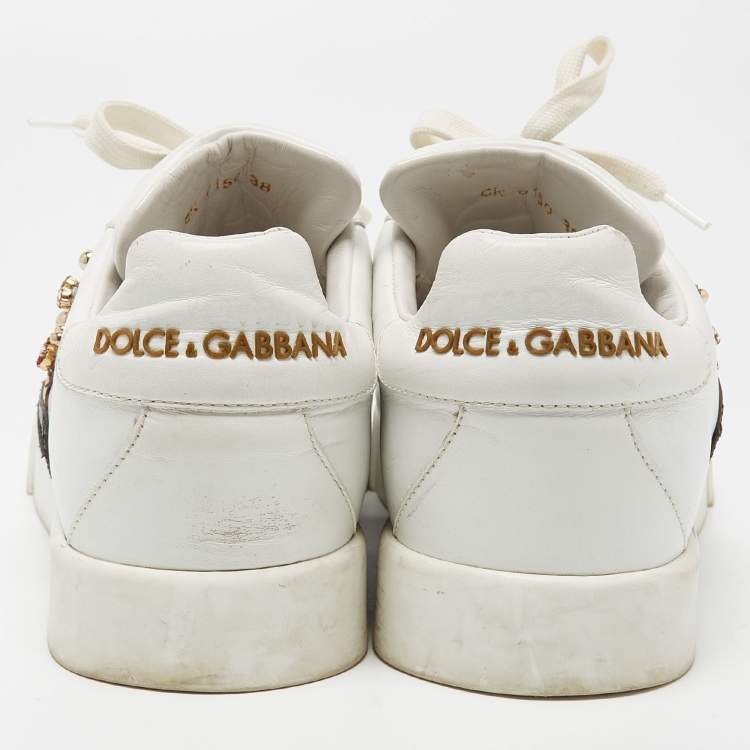 Pre Owned Dolce & Gabbana White Leather Studded Crown Portofino Sneakers Size 38