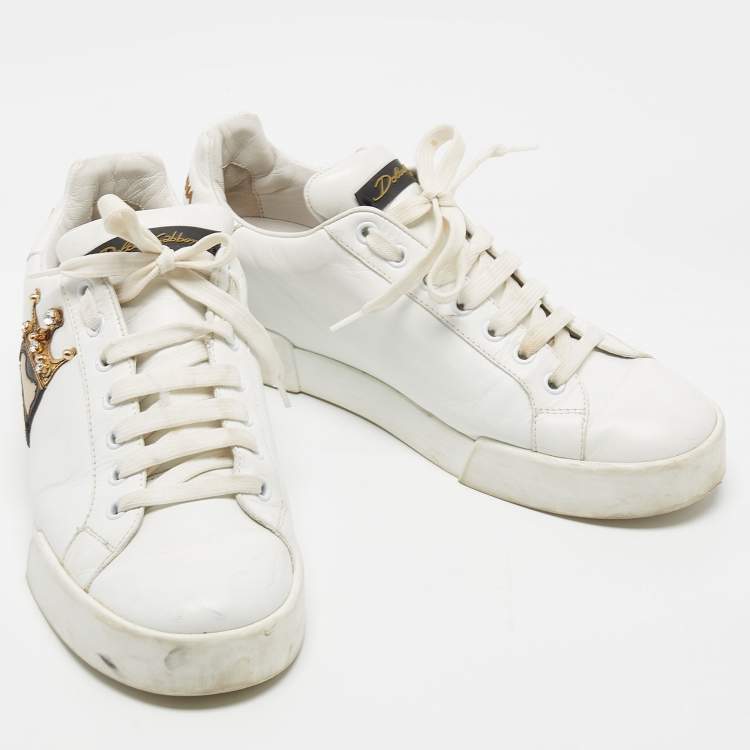 Pre Owned Dolce & Gabbana White Leather Studded Crown Portofino Sneakers Size 38