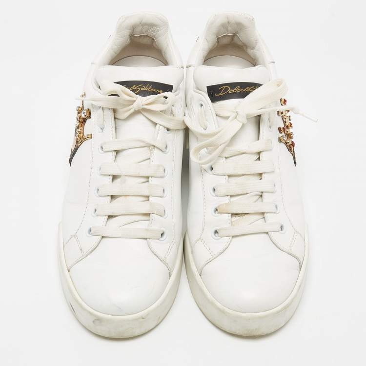 Pre Owned Dolce & Gabbana White Leather Studded Crown Portofino Sneakers Size 38