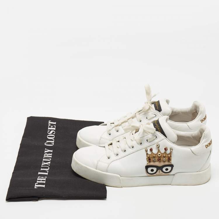 Pre Owned Dolce & Gabbana White Leather Studded Crown Portofino Sneakers Size 38