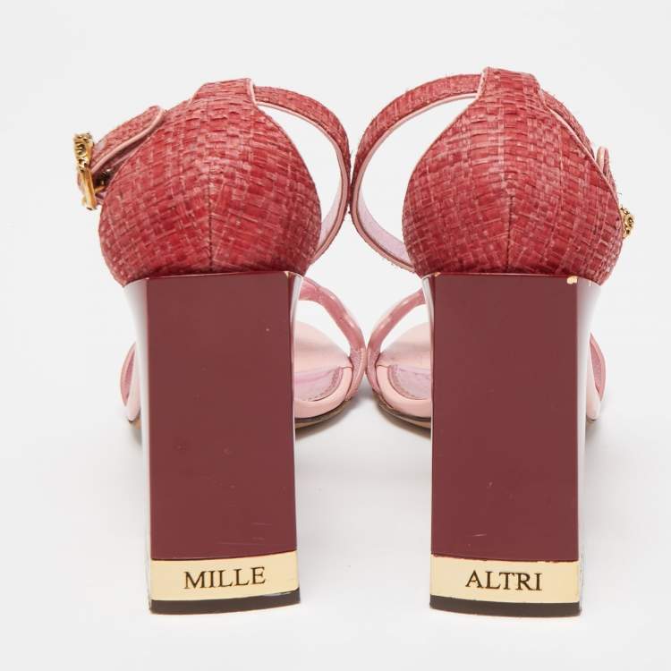 Pre Owned Dolce & Gabbana Two Tone Leather and Raffia DG Heart Ankle Strap Sandals Size 38.5