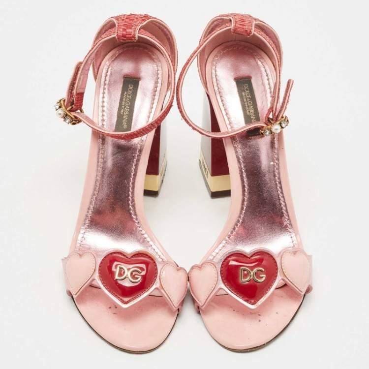 Pre Owned Dolce & Gabbana Two Tone Leather and Raffia DG Heart Ankle Strap Sandals Size 38.5