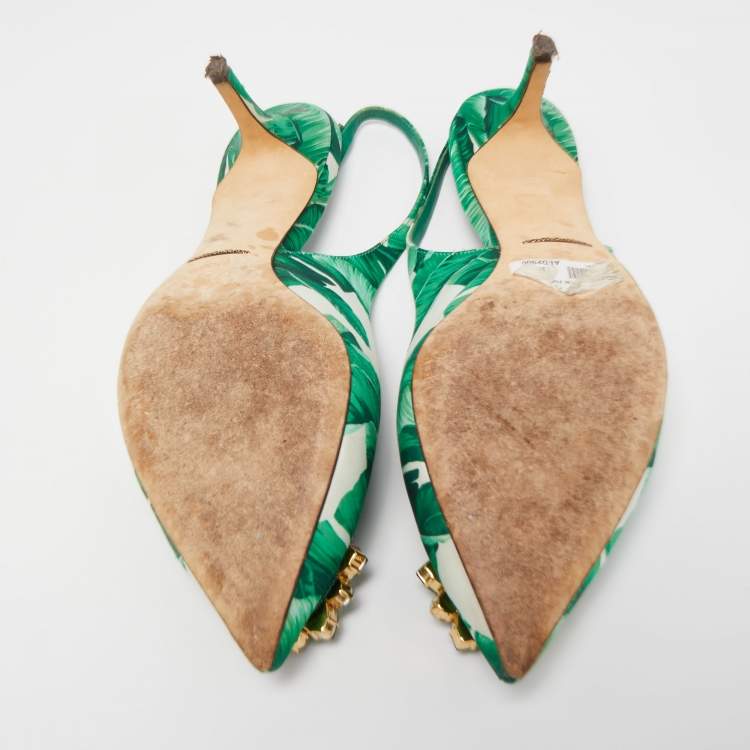 مملوكة مسبقًا Dolce & Gabbana Green/White Leaf Print Satin Bellucci Slingback Pumps Size 39.5