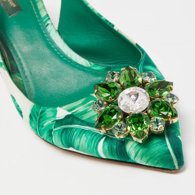 مملوكة مسبقًا Dolce & Gabbana Green/White Leaf Print Satin Bellucci Slingback Pumps Size 39.5