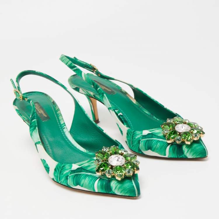 مملوكة مسبقًا Dolce & Gabbana Green/White Leaf Print Satin Bellucci Slingback Pumps Size 39.5