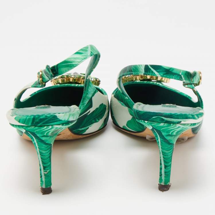 مملوكة مسبقًا Dolce & Gabbana Green/White Leaf Print Satin Bellucci Slingback Pumps Size 39.5