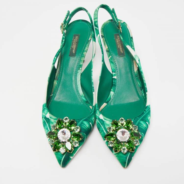 مملوكة مسبقًا Dolce & Gabbana Green/White Leaf Print Satin Bellucci Slingback Pumps Size 39.5