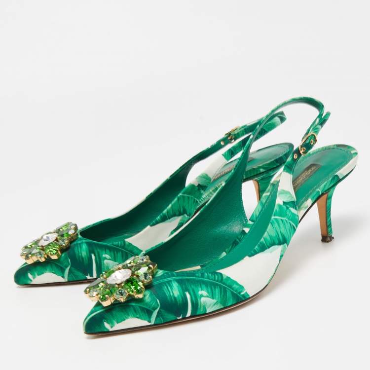 مملوكة مسبقًا Dolce & Gabbana Green/White Leaf Print Satin Bellucci Slingback Pumps Size 39.5