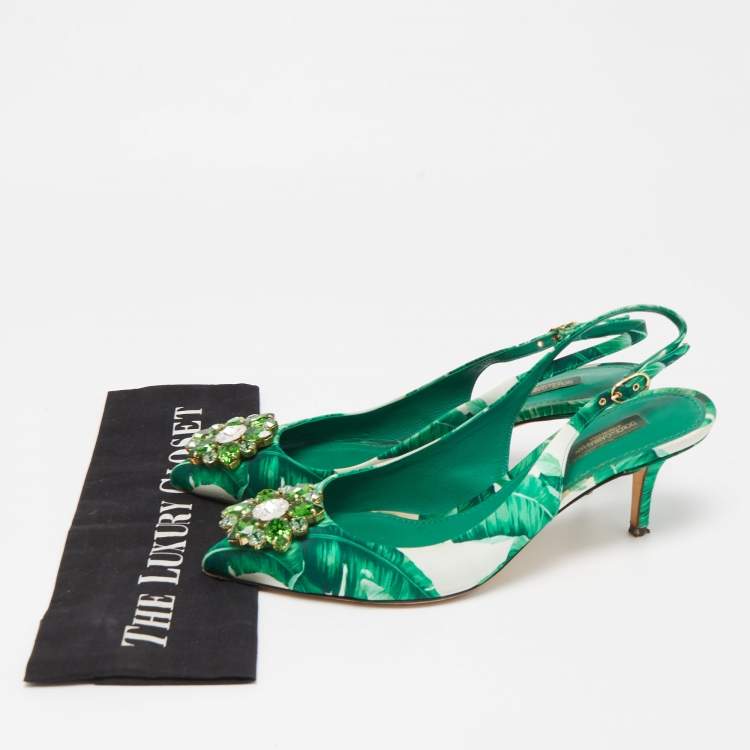 مملوكة مسبقًا Dolce & Gabbana Green/White Leaf Print Satin Bellucci Slingback Pumps Size 39.5