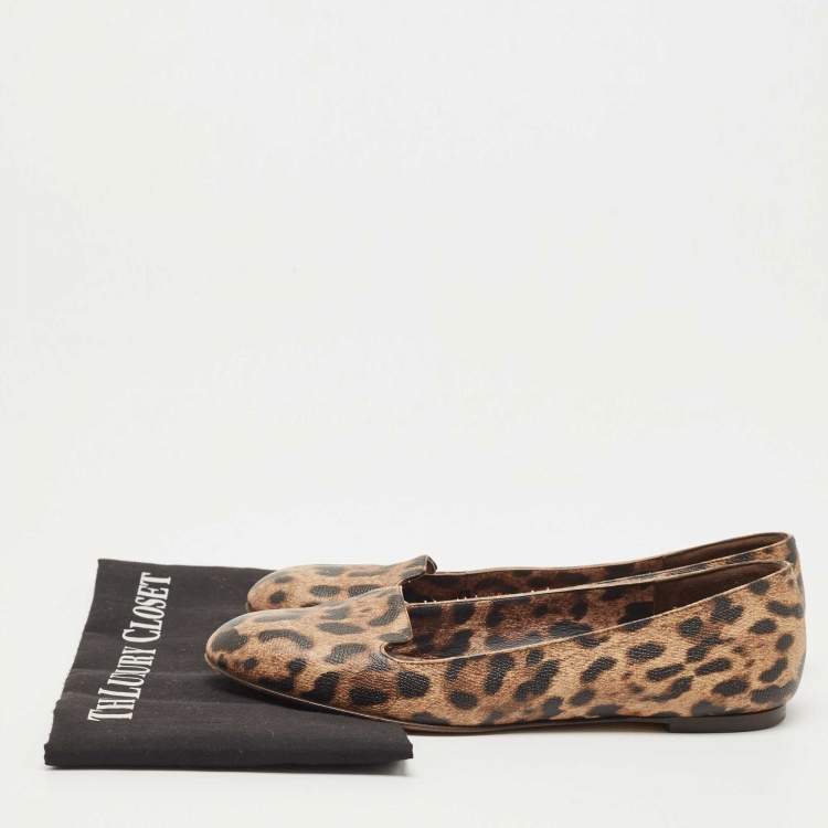 Pre Owned Dolce & Gabbana Beige/Brown Coated Canvas Leopard Printed Smoking Slipper Size 39.5