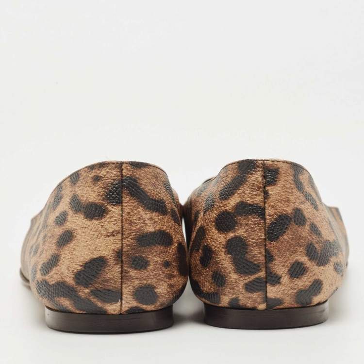 Pre Owned Dolce & Gabbana Beige/Brown Coated Canvas Leopard Printed Smoking Slipper Size 39.5
