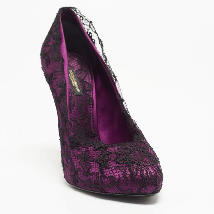 Pre Owned Dolce & Gabbana Black/Purple Floral Lace And Satin Platform Pumps Size 38