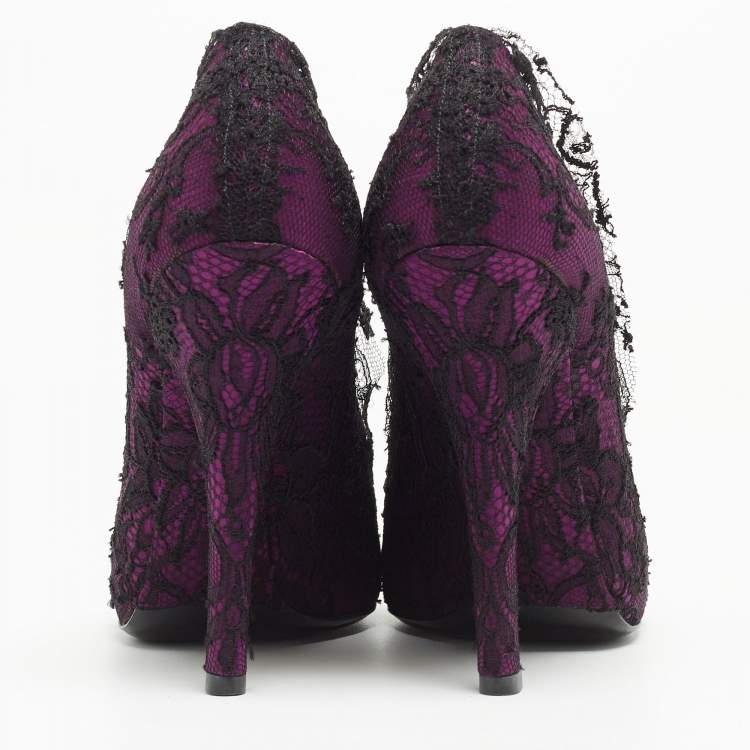 Pre Owned Dolce & Gabbana Black/Purple Floral Lace And Satin Platform Pumps Size 38