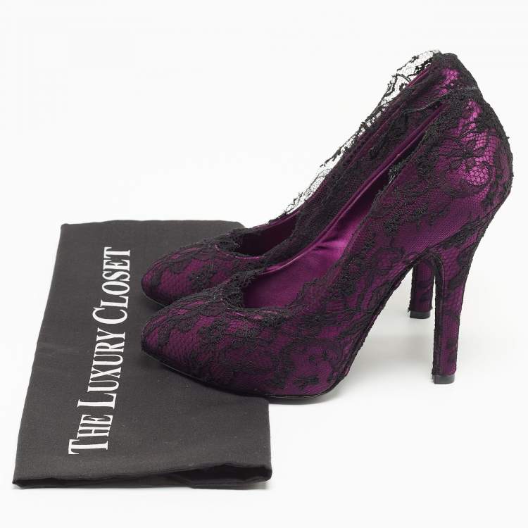 Pre Owned Dolce & Gabbana Black/Purple Floral Lace And Satin Platform Pumps Size 38