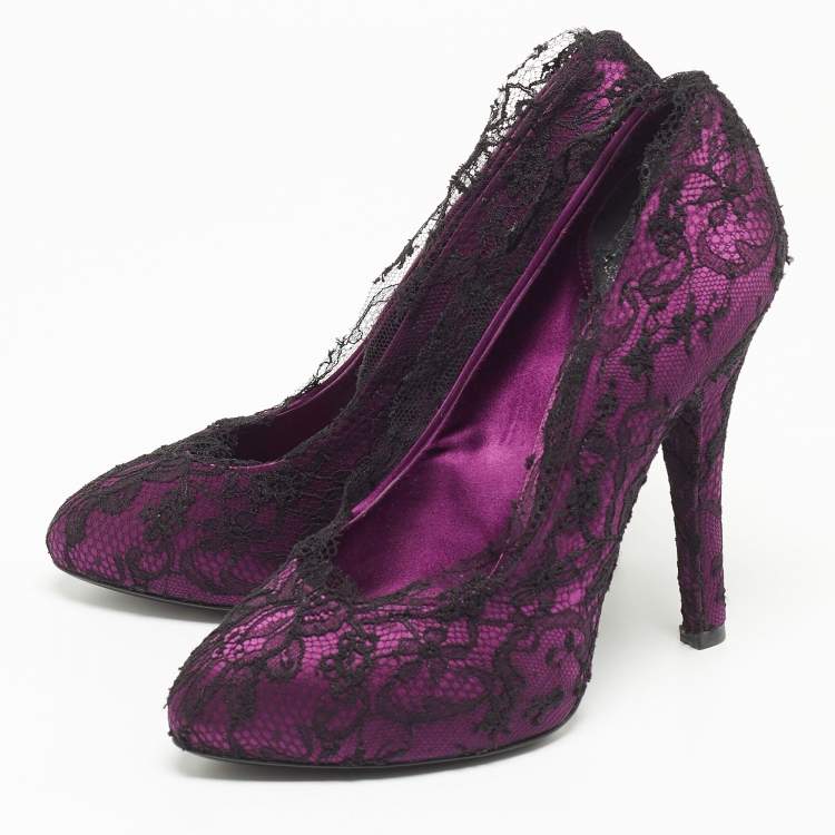 Pre Owned Dolce & Gabbana Black/Purple Floral Lace And Satin Platform Pumps Size 38