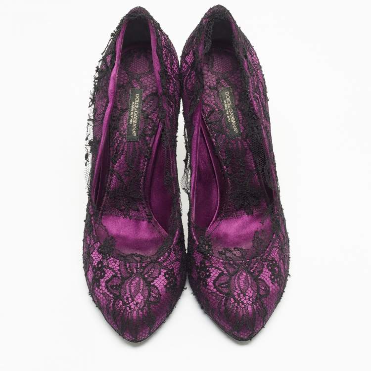 Pre Owned Dolce & Gabbana Black/Purple Floral Lace And Satin Platform Pumps Size 38