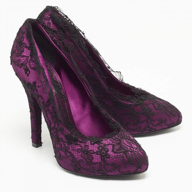 Pre Owned Dolce & Gabbana Black/Purple Floral Lace And Satin Platform Pumps Size 38