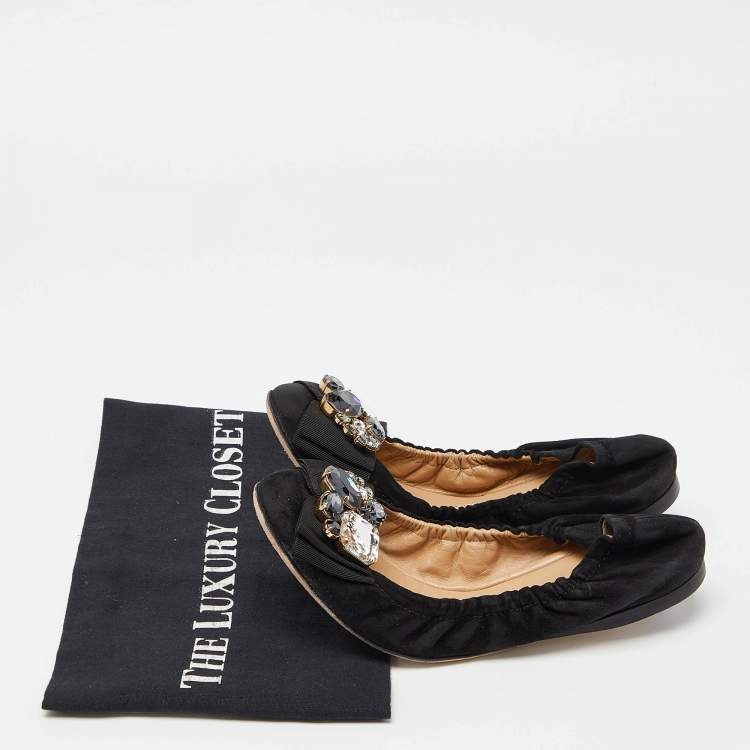 Pre Owned Dolce & Gabbana Black Suede Crystal Embellished Bow Scrunch Ballet Flats Size 36