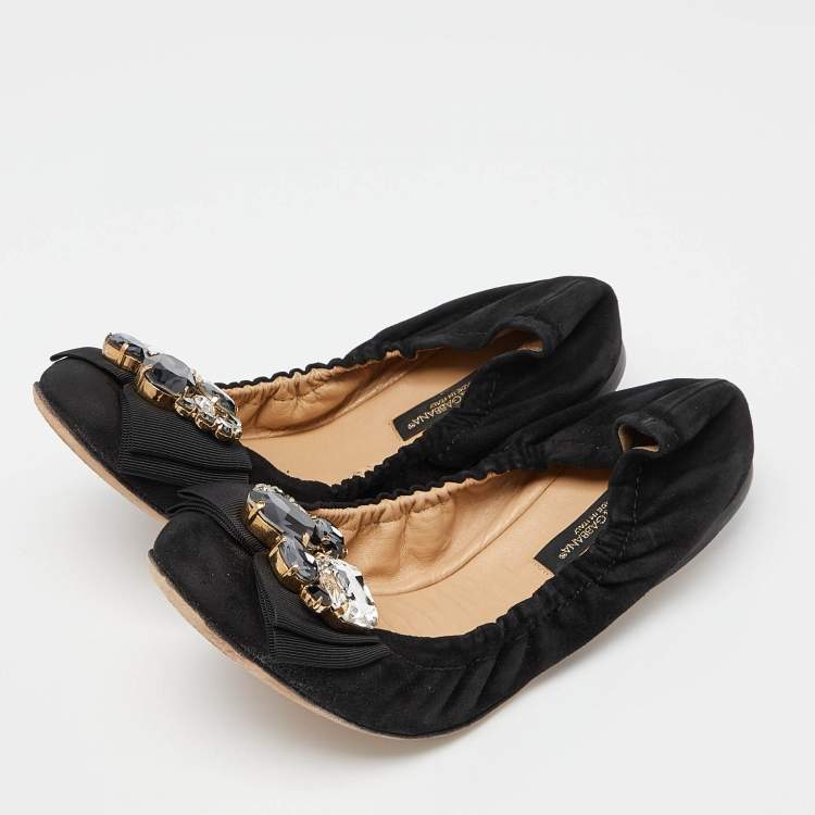 Pre Owned Dolce & Gabbana Black Suede Crystal Embellished Bow Scrunch Ballet Flats Size 36