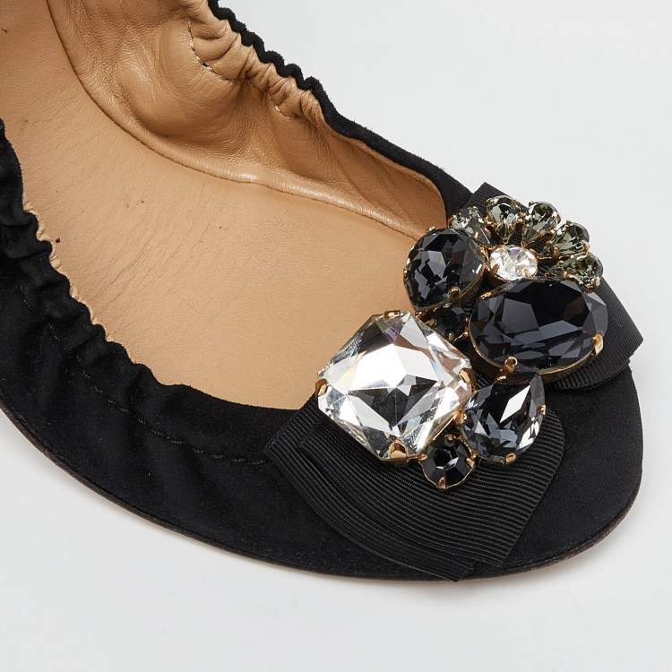 Pre Owned Dolce & Gabbana Black Suede Crystal Embellished Bow Scrunch Ballet Flats Size 36