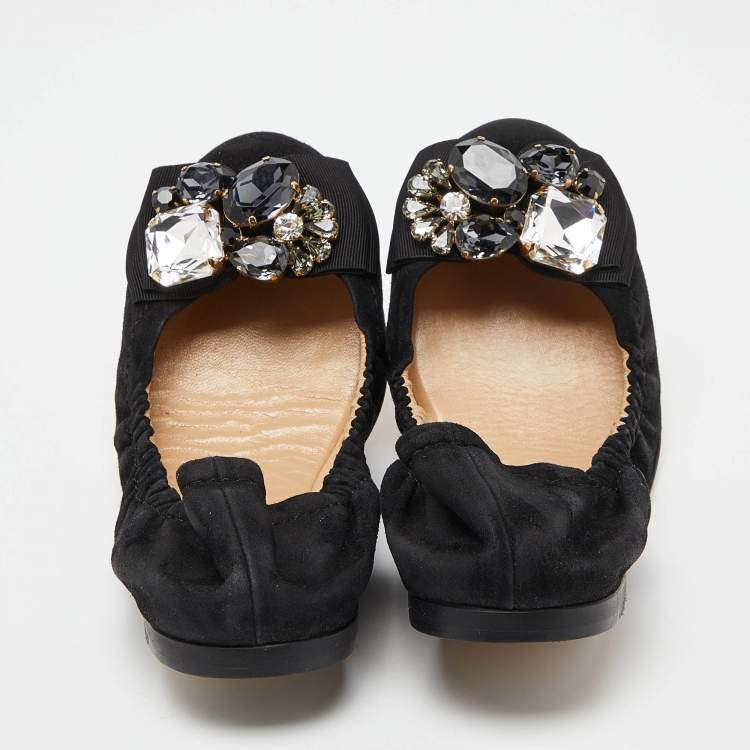 Pre Owned Dolce & Gabbana Black Suede Crystal Embellished Bow Scrunch Ballet Flats Size 36