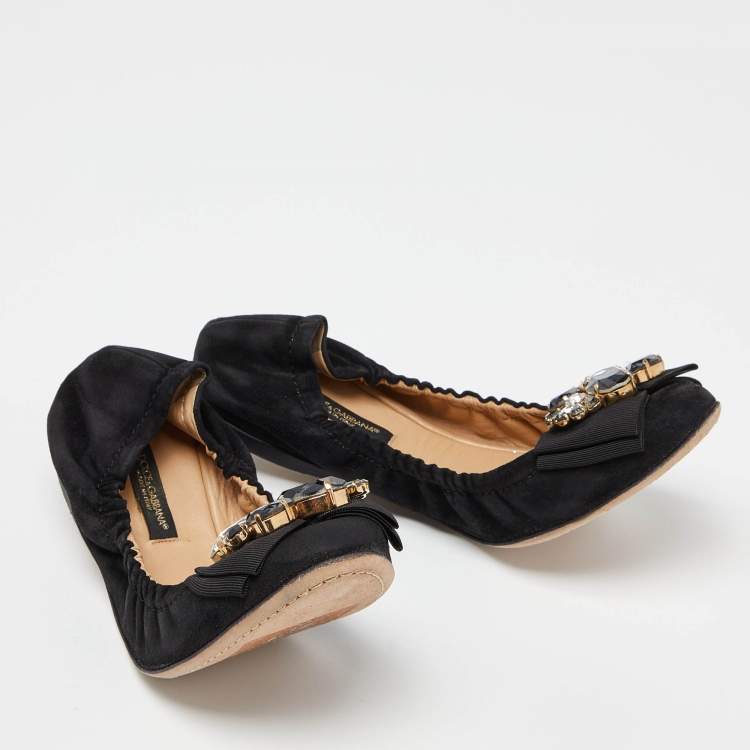 Pre Owned Dolce & Gabbana Black Suede Crystal Embellished Bow Scrunch Ballet Flats Size 36