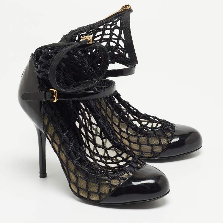 Pre Owned Dolce and Gabbana Black Mesh and Patent Leather Pumps Size 38.5
