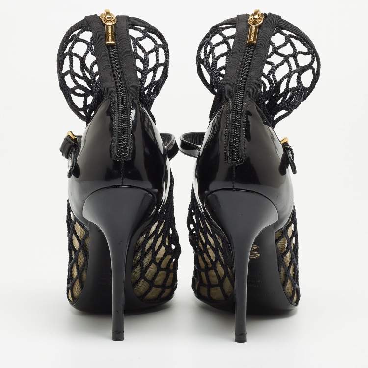 Pre Owned Dolce and Gabbana Black Mesh and Patent Leather Pumps Size 38.5