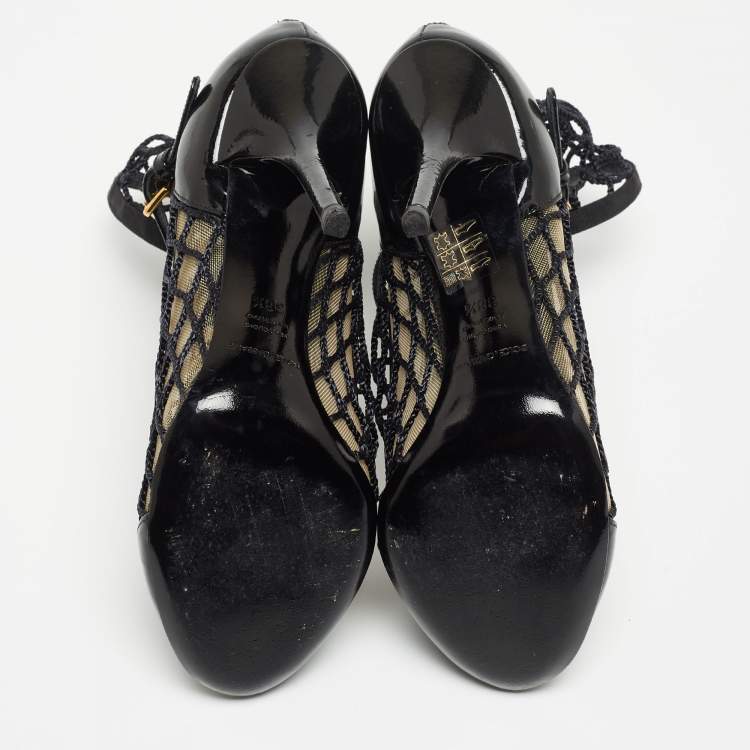 Pre Owned Dolce and Gabbana Black Mesh and Patent Leather Pumps Size 38.5