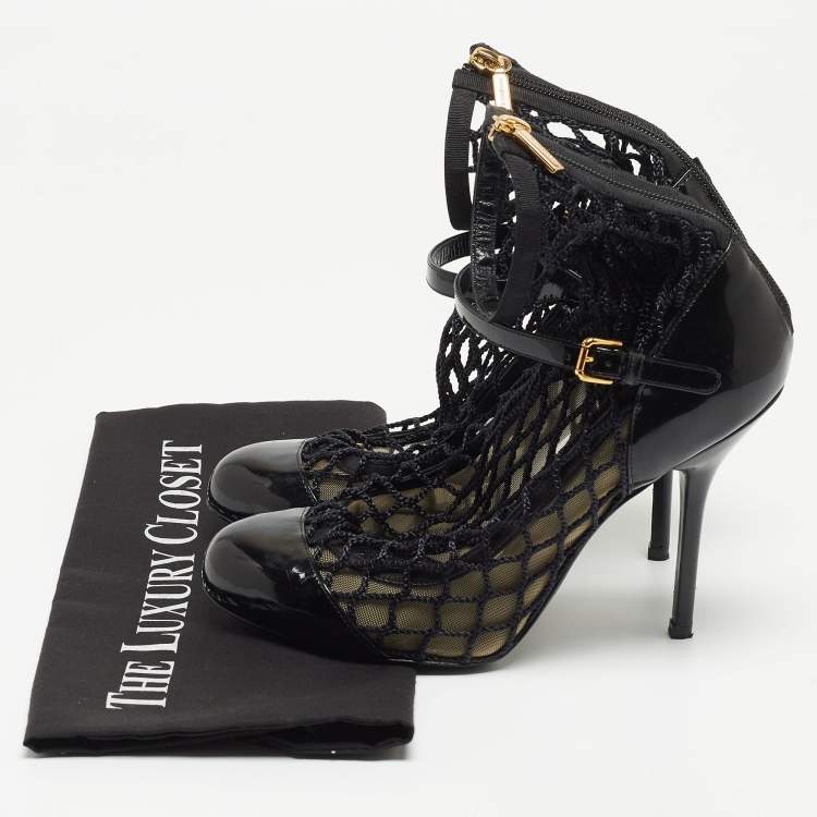 Pre Owned Dolce and Gabbana Black Mesh and Patent Leather Pumps Size 38.5