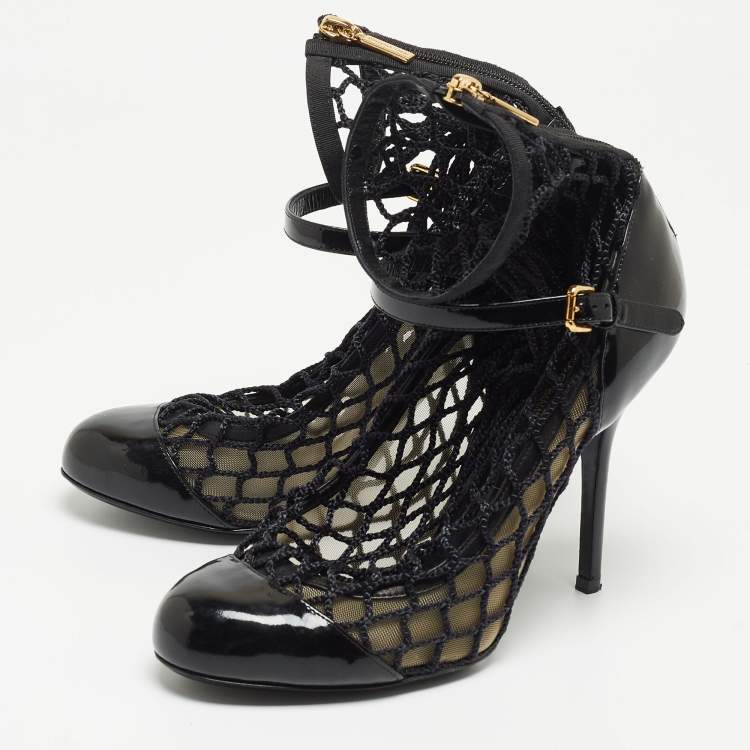 Pre Owned Dolce and Gabbana Black Mesh and Patent Leather Pumps Size 38.5