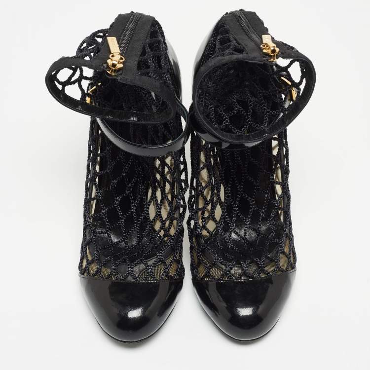 Pre Owned Dolce and Gabbana Black Mesh and Patent Leather Pumps Size 38.5