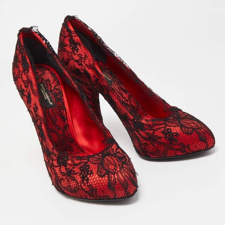 Pre Owned Dolce & Gabbana Red/Black Satin and Lace Pumps Size 38