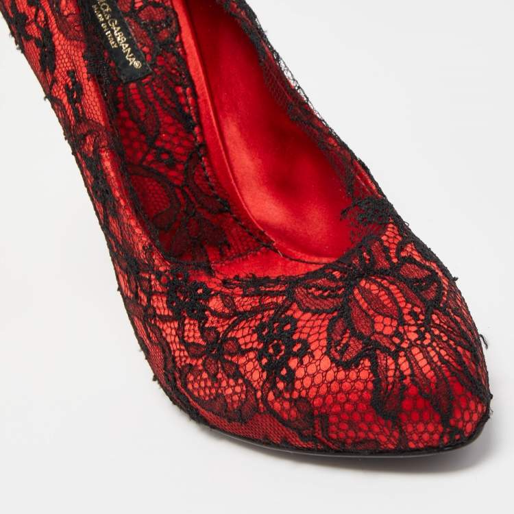 Pre Owned Dolce & Gabbana Red/Black Satin and Lace Pumps Size 38