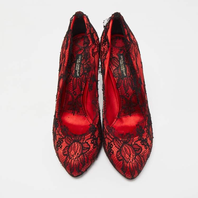 Pre Owned Dolce & Gabbana Red/Black Satin and Lace Pumps Size 38