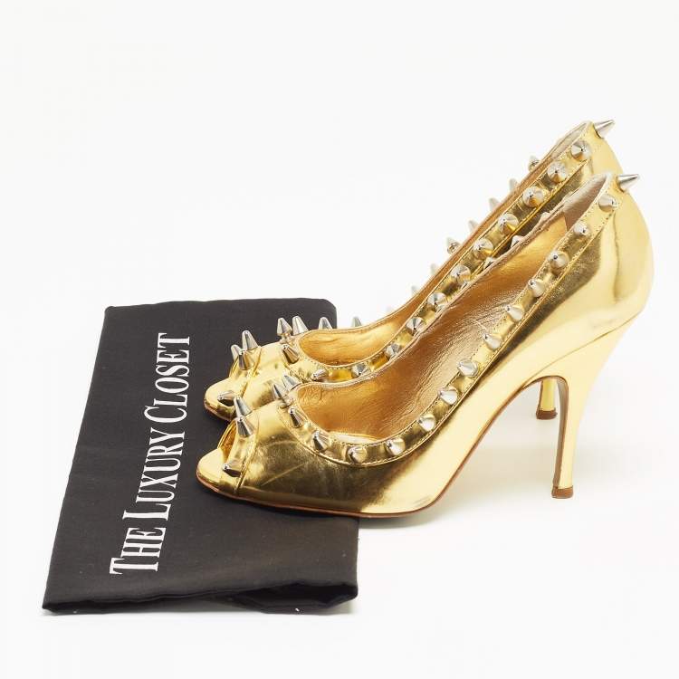 Pre Owned Dolce & Gabbana Gold Leather Studded Open Toe Pumps Size 38