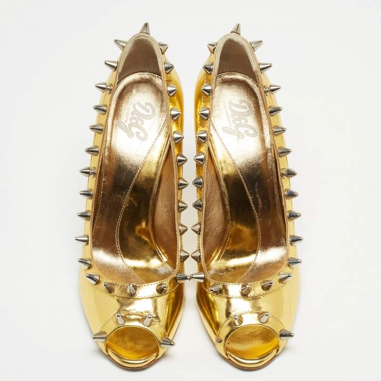 Pre Owned Dolce & Gabbana Gold Leather Studded Open Toe Pumps Size 38