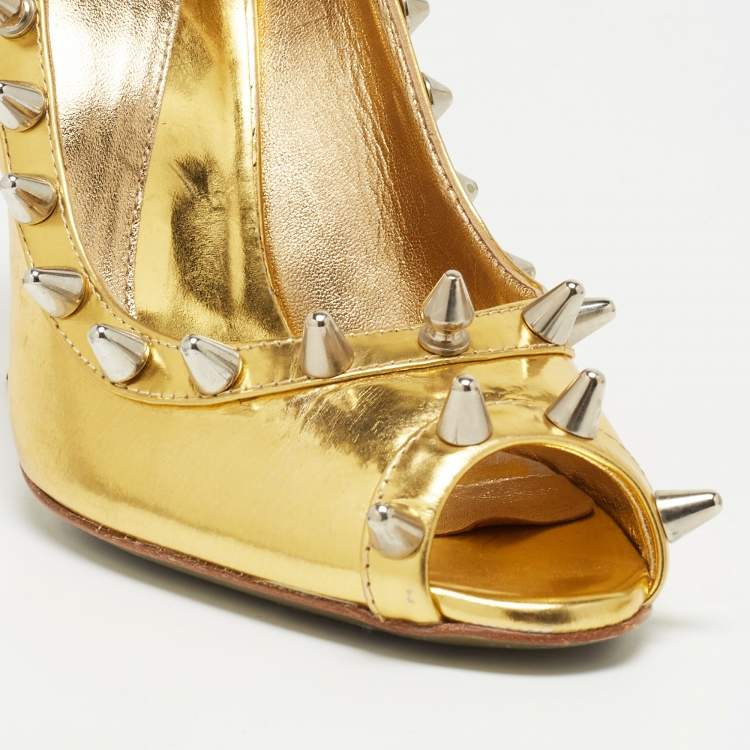 Pre Owned Dolce & Gabbana Gold Leather Studded Open Toe Pumps Size 38