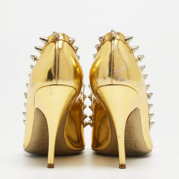 Pre Owned Dolce & Gabbana Gold Leather Studded Open Toe Pumps Size 38