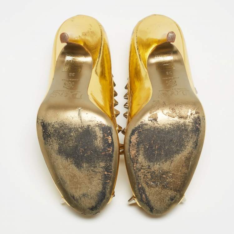 Pre Owned Dolce & Gabbana Gold Leather Studded Open Toe Pumps Size 38