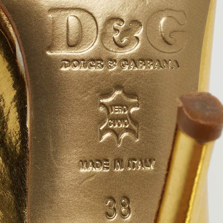 Pre Owned Dolce & Gabbana Gold Leather Studded Open Toe Pumps Size 38