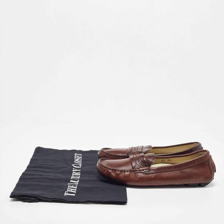 Pre Owned Dolce & Gabbana Brown Leather Slip On Loafers Size 34