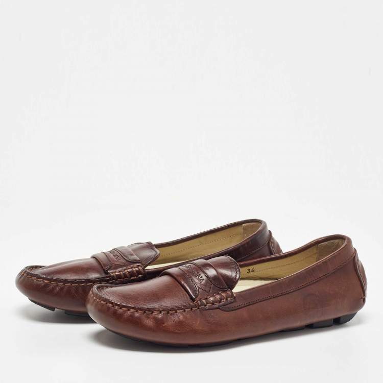 Pre Owned Dolce & Gabbana Brown Leather Slip On Loafers Size 34