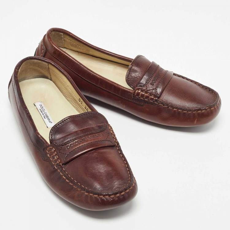 Pre Owned Dolce & Gabbana Brown Leather Slip On Loafers Size 34