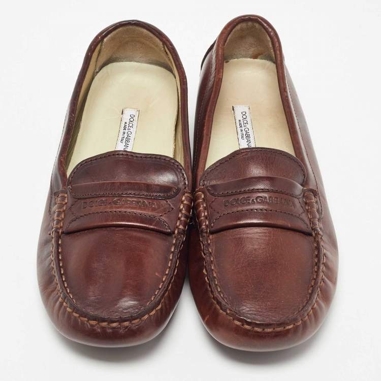 Pre Owned Dolce & Gabbana Brown Leather Slip On Loafers Size 34