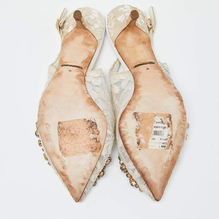Pre Owned Dolce & Gabbana White Lace Crystal Embellished Slingback Sandals Size 36