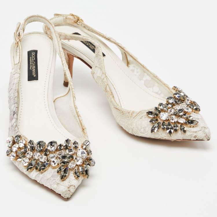 Pre Owned Dolce & Gabbana White Lace Crystal Embellished Slingback Sandals Size 36