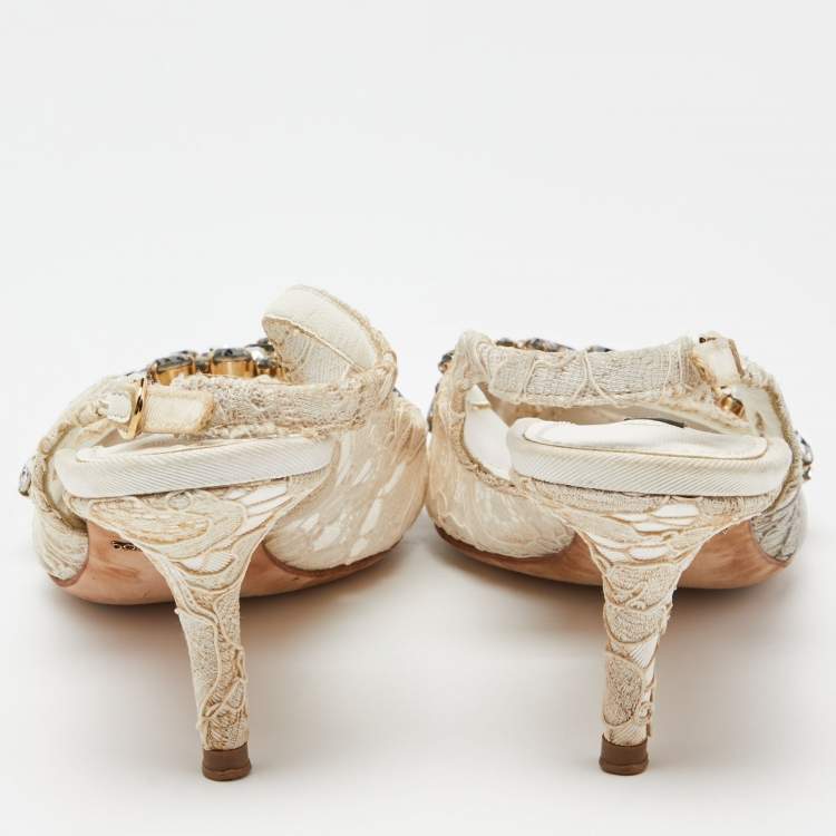 Pre Owned Dolce & Gabbana White Lace Crystal Embellished Slingback Sandals Size 36
