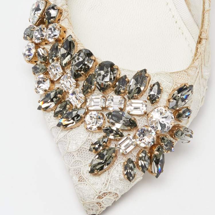 Pre Owned Dolce & Gabbana White Lace Crystal Embellished Slingback Sandals Size 36