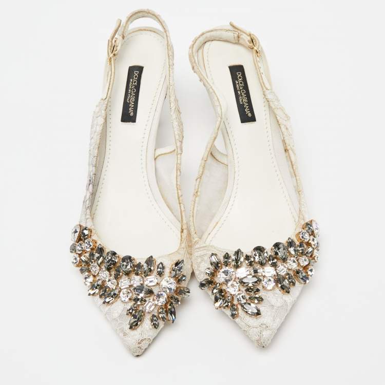 Pre Owned Dolce & Gabbana White Lace Crystal Embellished Slingback Sandals Size 36